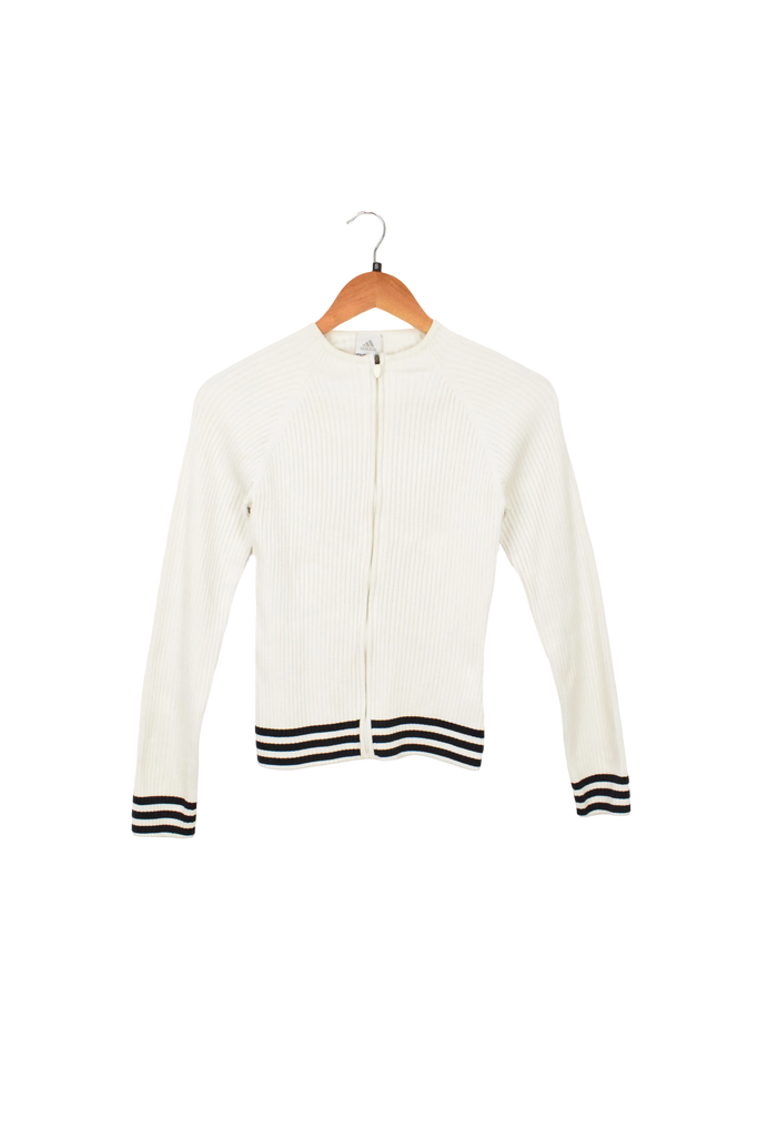 Vintage White Adidas Ribbed Zip-Up Jacket Jumper 